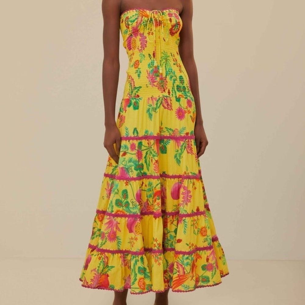 Farm Rio Delicate Fruit Garden Yellow Smocked Strapless Halter Tiered Maxi Dress